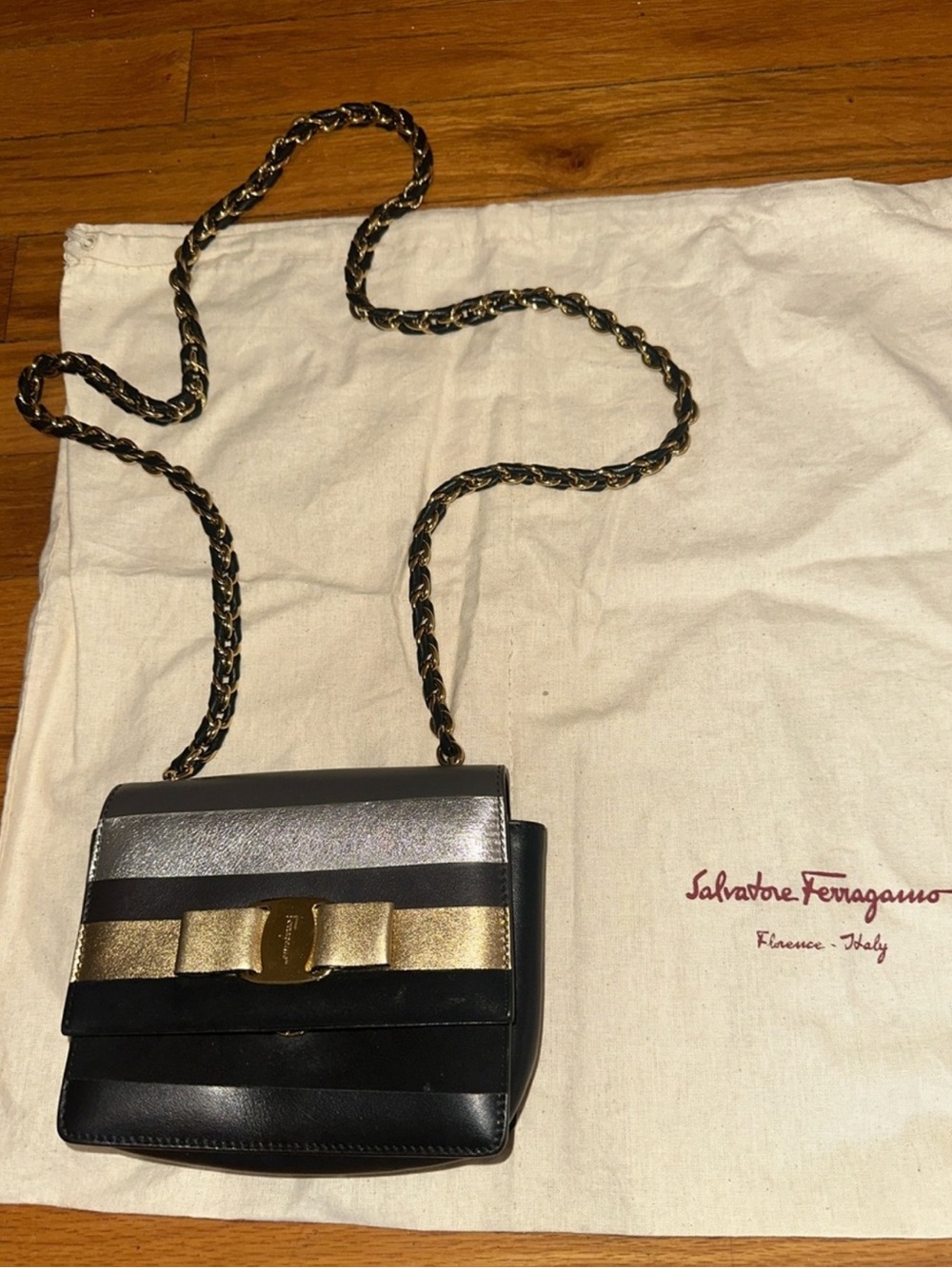 Salvatore Ferragamo Black with Silver & Gold Bow Crossbody Bag